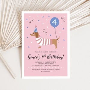 Invitation d'anniversaire de chien teckel en rose et bleu, invitation de fête illustrée de chiot mignon // invitation de fête d'anniversaire d'animal de fille