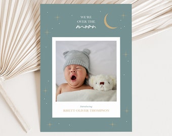 Over the moon birth announcement template, Editable gender neutral Birth Announcement, Newborn Announcement photo card, newborn thank you