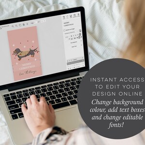 May include: A pink digital design template featuring a dachshund wearing a scarf and a garland of holly and berries. The text "Merry Christmas" and "Love the Pungs" is included in the design.