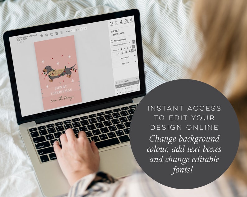 May include: A pink digital design template featuring a dachshund wearing a scarf and a garland of holly and berries. The text "Merry Christmas" and "Love the Pungs" is included in the design.