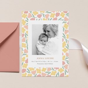 Anuncio de nacimiento floral editable, plantilla de anuncio de nacimiento de niña, anuncio de nacimiento colorido y moderno, anuncio digital de recién nacido