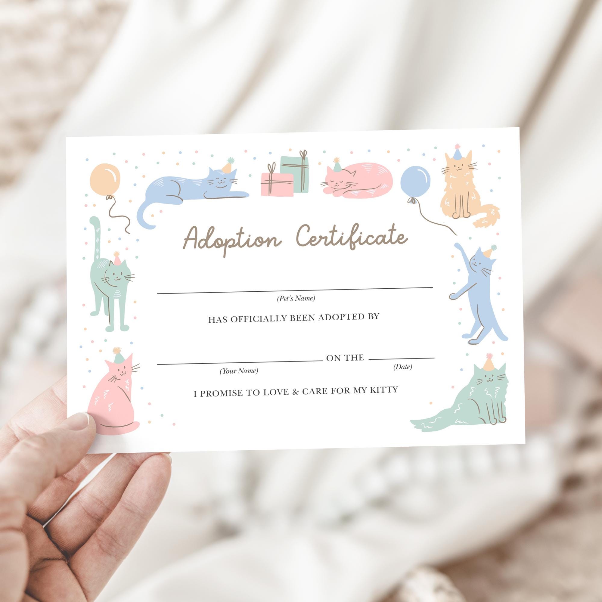 Cat Adoption Certificate Template, Pastel Rainbow Kitty Adoption Certificate, Editable Pet Adoption Certificate, Party Kitties 908