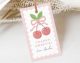 Editable Cherry Sweet Favour Tags (Digital File) Cherries And Bow Thank You Tag