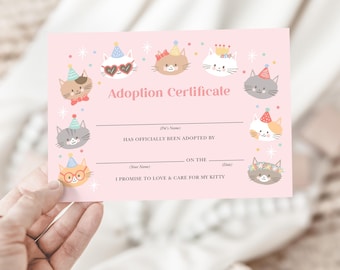 Editable Cat Adoption Certificate, Kitty Adoption Certificate Template, Cute Cat Party Game, Digital Adoption Certificate, Party Kitties 842