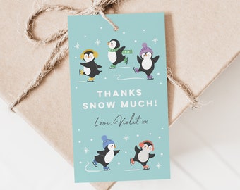 Penguin Birthday Favour Tags, Editable Penguin Thank You Tags, Personalised Party Tags for Winter Birthday, Ice Skating Penguin Party 345