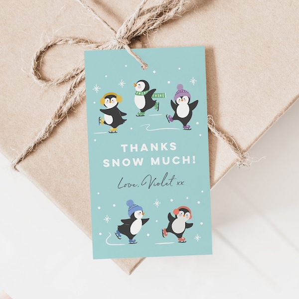 Penguin Birthday Favour Tags, Editable Penguin Thank You Tags, Personalised Party Tags for Winter Birthday, Ice Skating Penguin Party 345