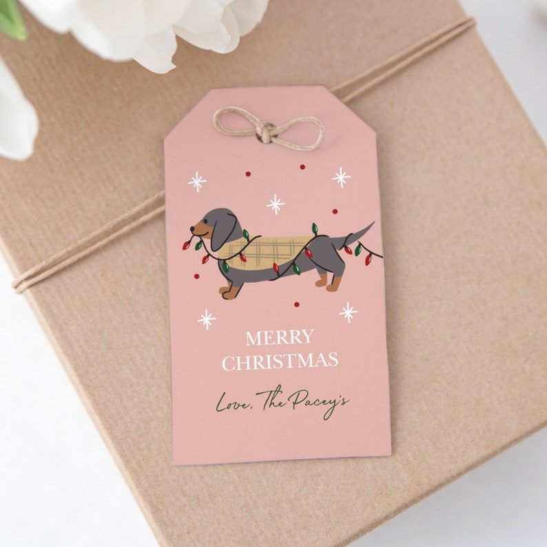 May include: Pink Christmas gift tag with a cartoon dachshund wearing a plaid scarf and Christmas lights. The tag says "Merry Christmas" and "Love, The Paceys".