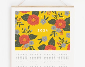 2024 Floral Calendar, Illustrated botanical calendar, 2024 Modern wall calendar, colourful floral calendar, bright yellow and red flowers