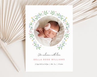 Floral Baby Girl Birth Announcement Card: Editable Template