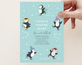 Ice Skating Penguin Invitation, Editable Penguin Invitation, Cute Penguin Party Invite, Winter Birthday Invitation, Penguin Party 345