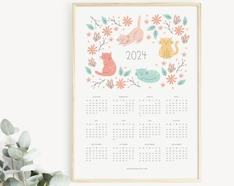 2024 Cat Calendar, hand drawn cute cats in flower fields, gift for cat lover! A3 or A4 poster calendar, floral calendar, cat calendar