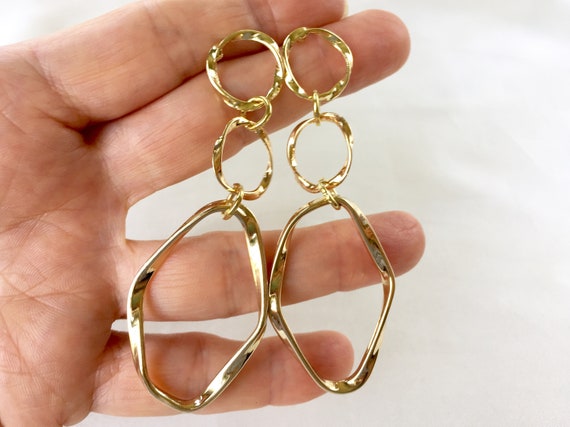 80s Minimalist Sculptured Gold Plated Triple Hoop… - image 2
