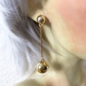 Vintage 70s Long Minimalist Gold Tone Bubbles with Bars and Half Ball Stud Earrings,Statement Earrings,Gold Button Posts with Dangles,Runway