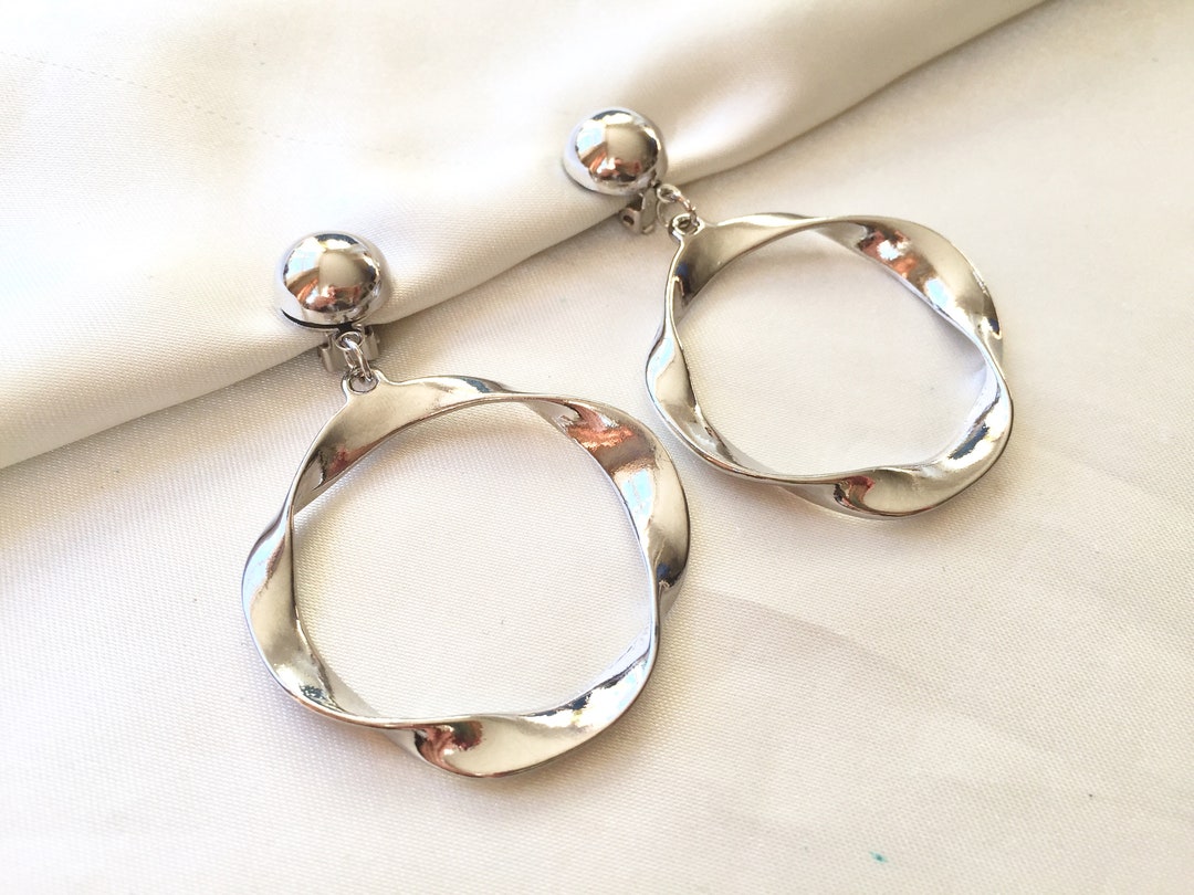 Large Ribbon Hoop 70s Large Silver Twisted Ribbon Hoops Clip on Earrings,large Silver ...