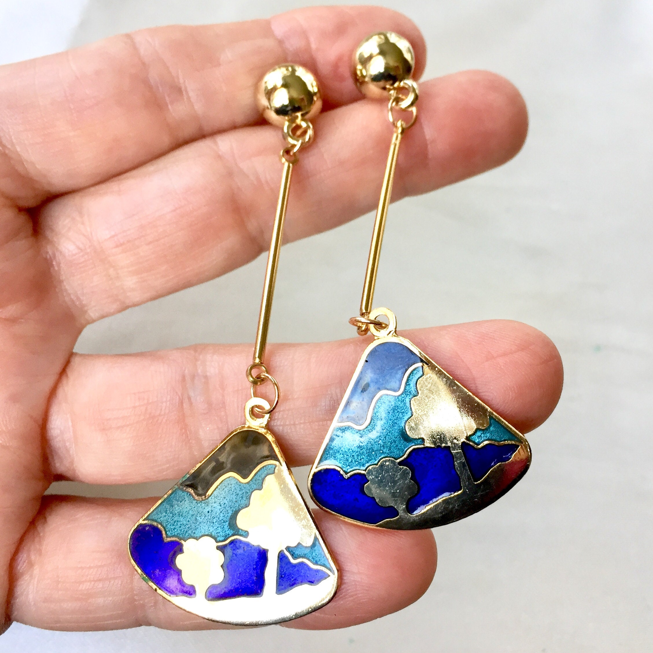 Huge Black Geometric Triangle Earrings - Modern Big Studs 8cm, Vintage Gold Plated Metal