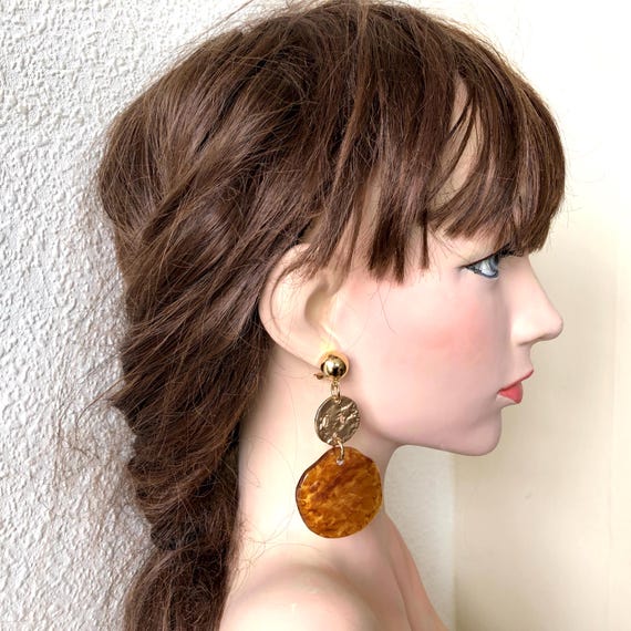 80s Brutalist Tortoise Shell Lucite Dangle Clip O… - image 5