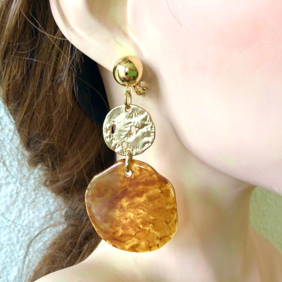 80s Brutalist Tortoise Shell Lucite Dangle Clip O… - image 3