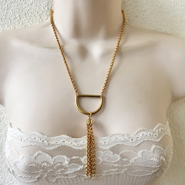 Vintage 80s  Semi Circle with Chain Tassel and Rolo Chain Choker,Chain Tassel Choker,Statement Necklace,Gold Tone Tassel Bib,Runway Choker