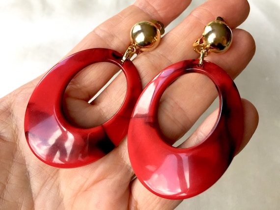 1980s Red Hoop Earrings for Women Plastic or Lucite Lipstick Red