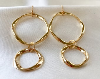 80s Minimalist Organic Sculptured Gold Plated Double Hoop Earrings,Modernist Dainty Gold Hoops,Statement Earrings,For Pierced Ears,NOS,Chic