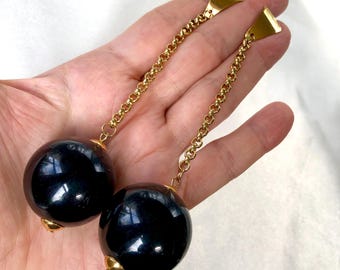 Vintage 80s Giant Black Beads with Extra Long Gold Chain and Gold  Geometric Studs,Extra Long Black Lucite Ball Dangles,Statement Earrings