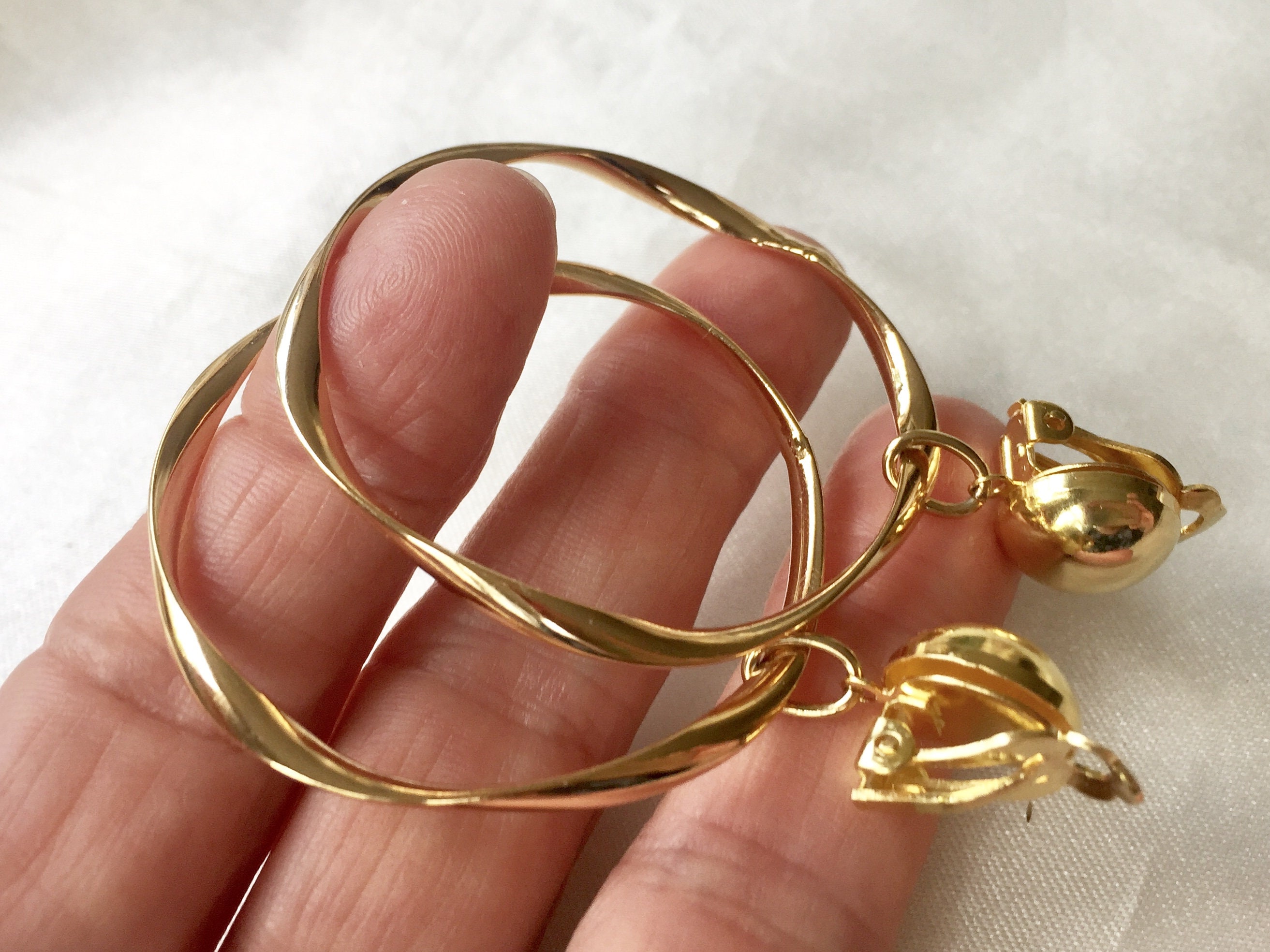 Large Ribbon Hoop 70s Large Gold Dainty Twisted Ribbon Hoops Clip on Earrings,sculptured ...