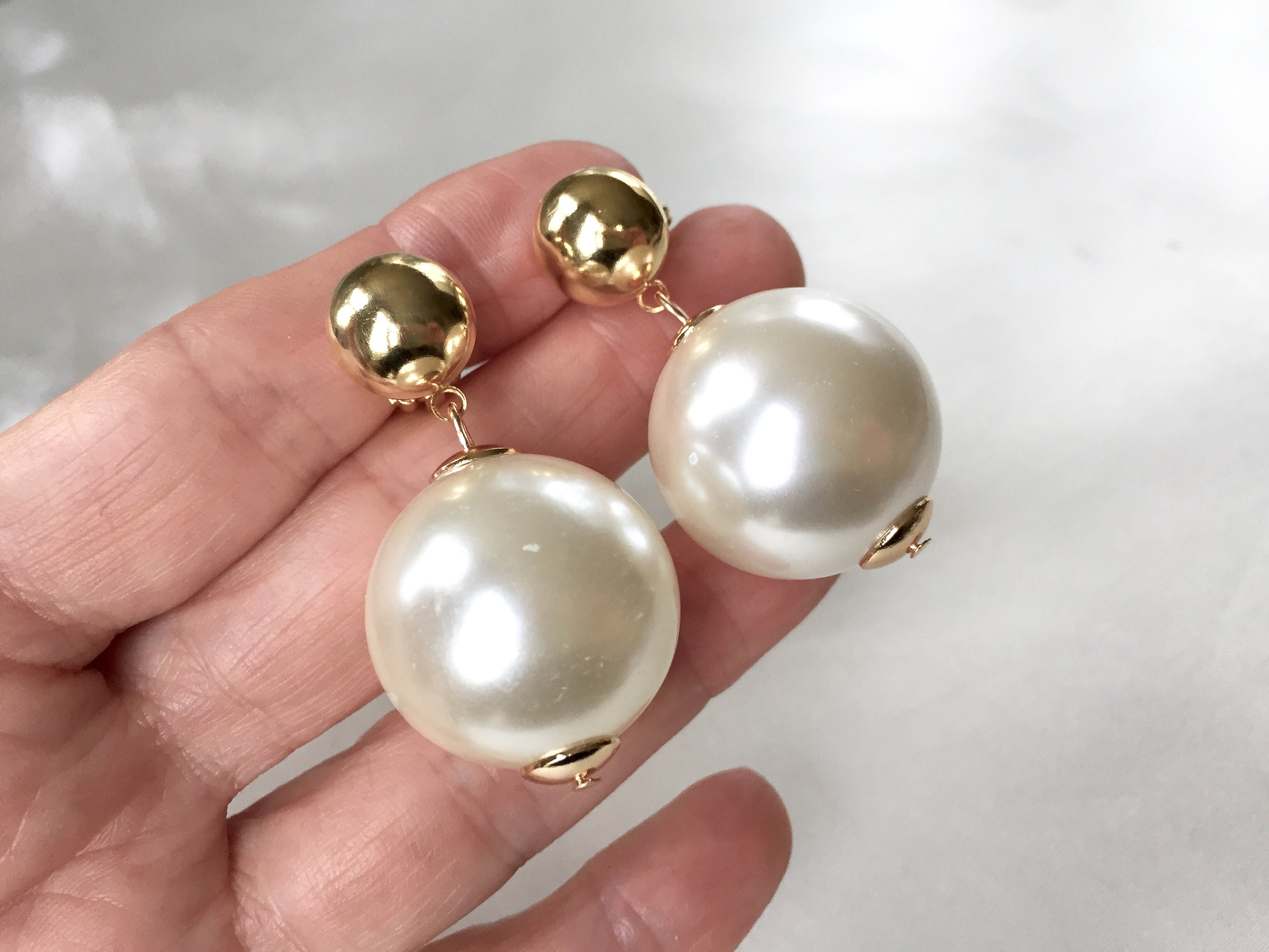 Vintage 80s Giant Cream Pearls and Gold Button Clip on 