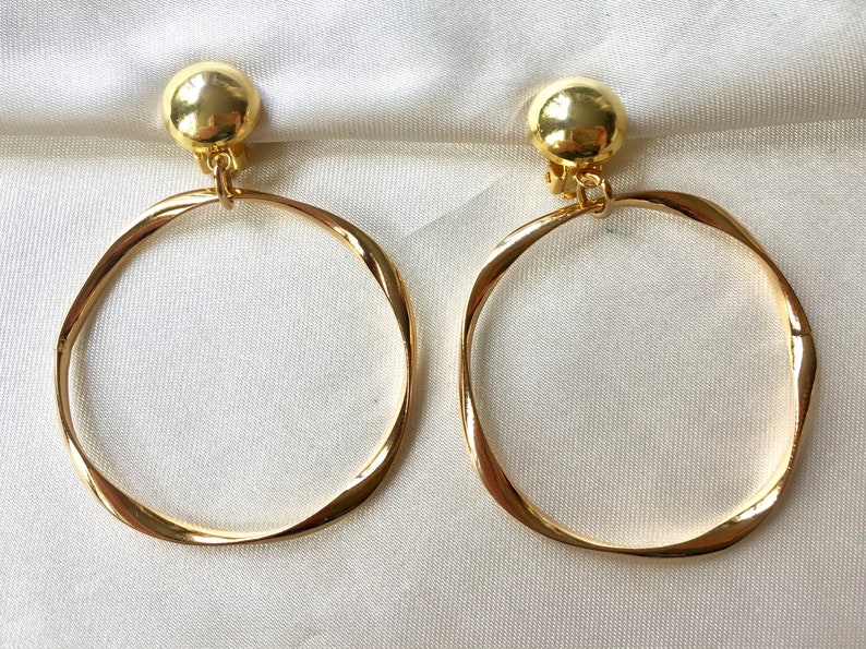 Large Ribbon Hoop 70s Large Gold Dainty Twisted Ribbon Hoops Clip on Earrings,sculptured ...