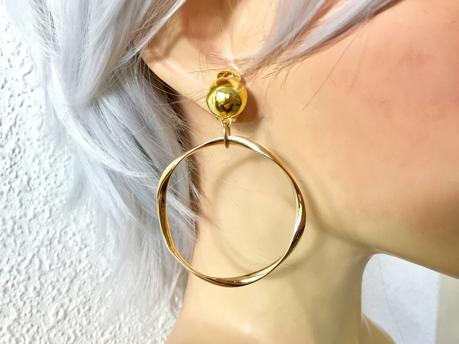 Large Ribbon Hoop 70s Large Gold Dainty Twisted Ribbon Hoops Clip on Earrings,sculptured ...
