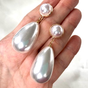 Vintage 80s Giant Pearl Drop Dangles with Gold Framed Half Ball Pearl Cabochon Studs,Statement Earrings,Pearl Shoulder Dusters,Haute Couture
