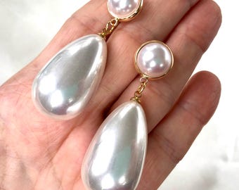 Vintage 80s Giant Pearl Drop Dangles with Gold Framed Half Ball Pearl Cabochon Studs,Statement Earrings,Pearl Shoulder Dusters,Haute Couture