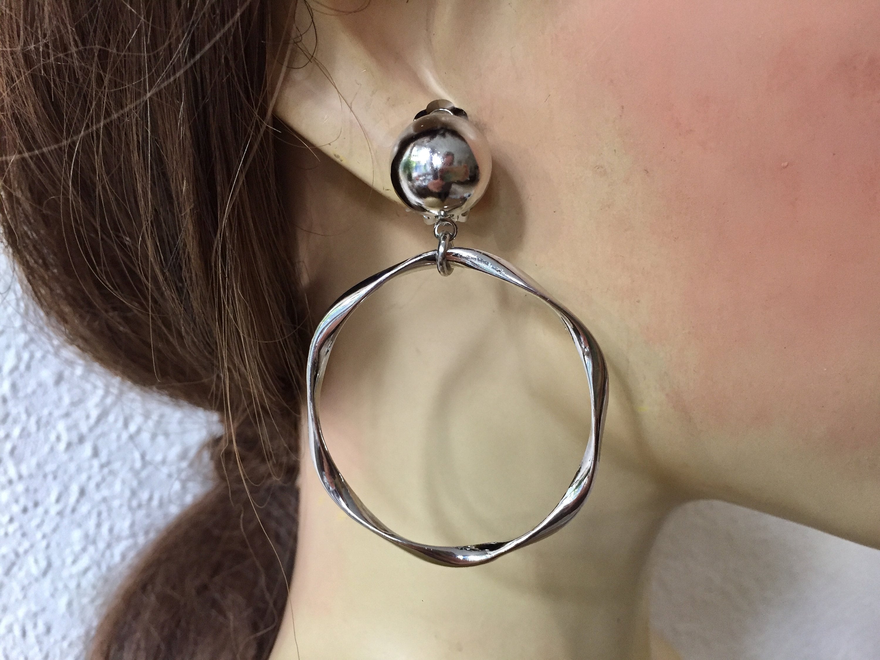 Large Ribbon Hoop 70s Large Silver Dainty Twisted Ribbon Hoops Clip on Earrings ...