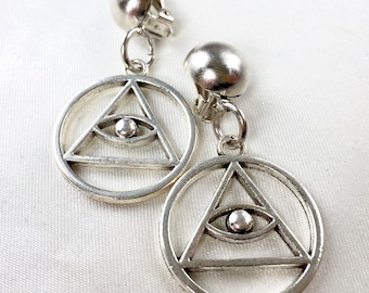 Vintage 80s Bohemian Illuminati Hoops Clip On Earrings,Eye of Providence Earrings,Third Eye,Occult Jewelry,Statement Earrings,Masonic Hoops