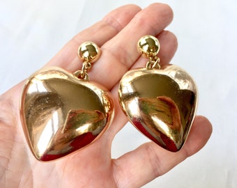 Vintage 80s Extra Large Puffed Gold Tone Hearts and Gold Button Studs Earrings,Statement Earrings,Studio 54,Fashion Trend 2023,Haute Couture