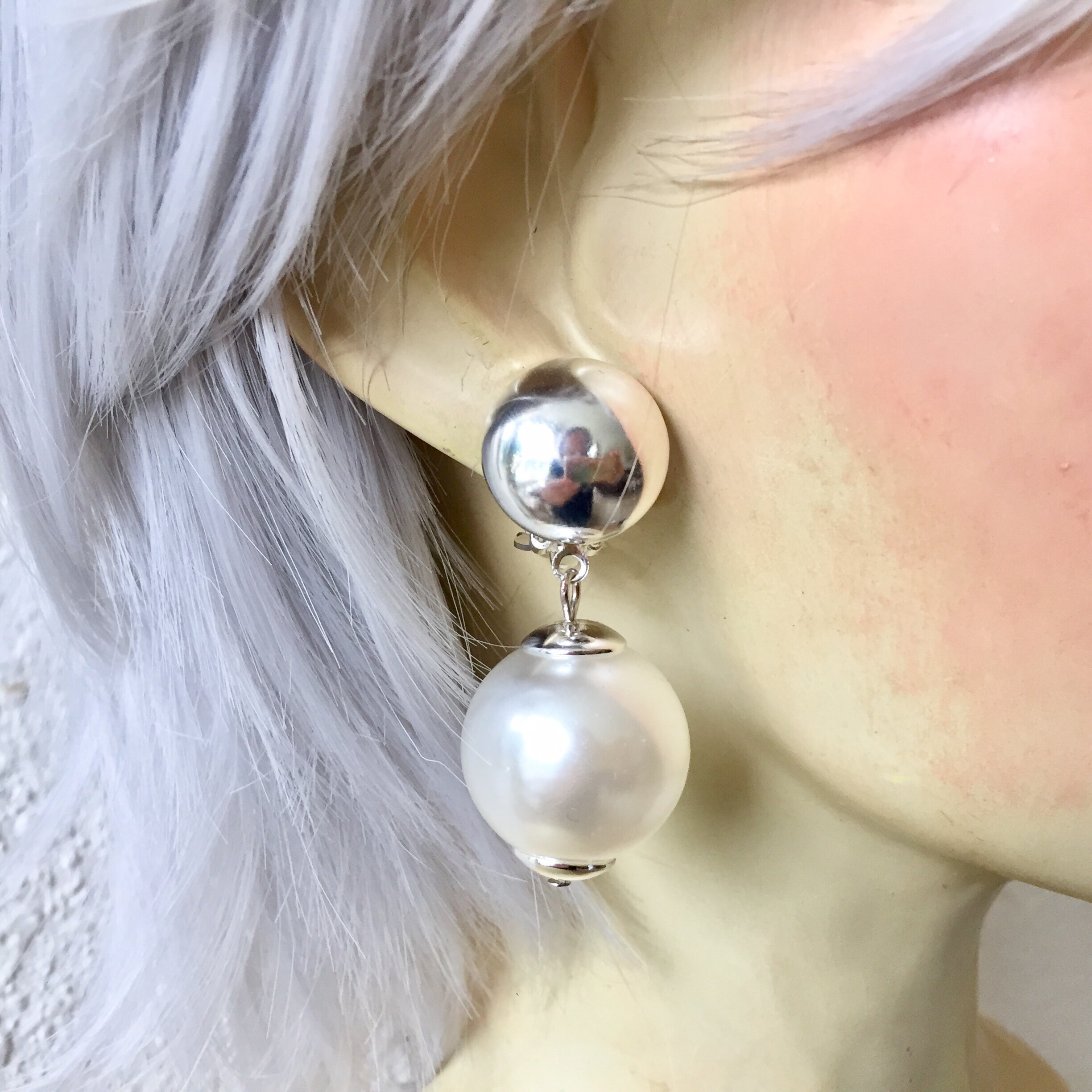 Vintage 80s Extra Large White Pearls and Large Silver Button