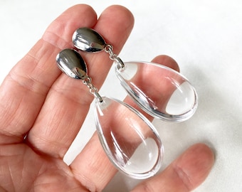 80s Modernist Silver Teardrop Studs and Giant Clear Lucite Teardrop Dangles,Statement Earrings,Long Drops Lucite Earrings,Designer Inspired