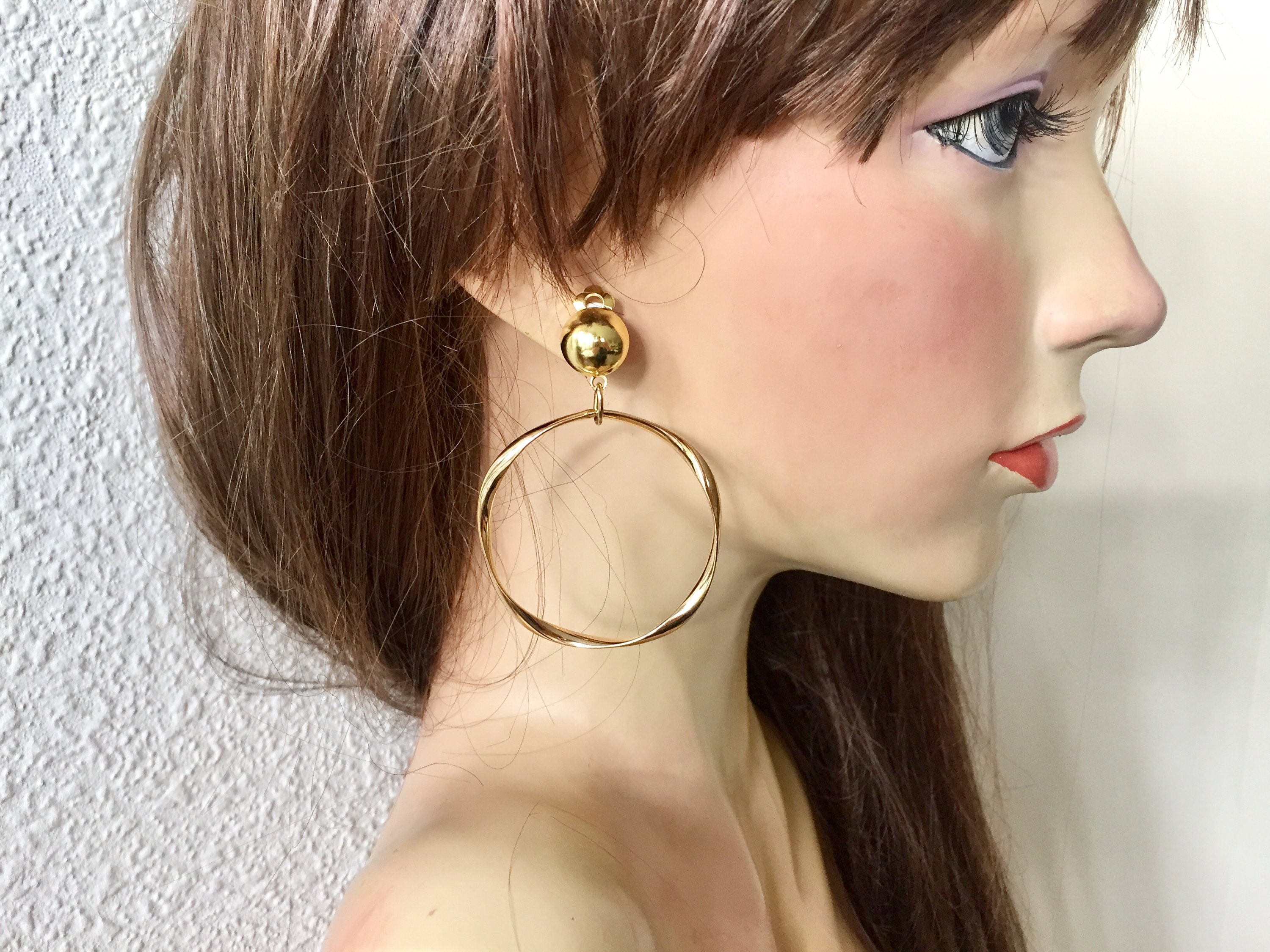 Large Ribbon Hoop 70s Large Gold Dainty Twisted Ribbon Hoops Clip on Earrings,sculptured ...