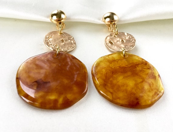80s Brutalist Tortoise Shell Lucite Dangle Clip O… - image 7