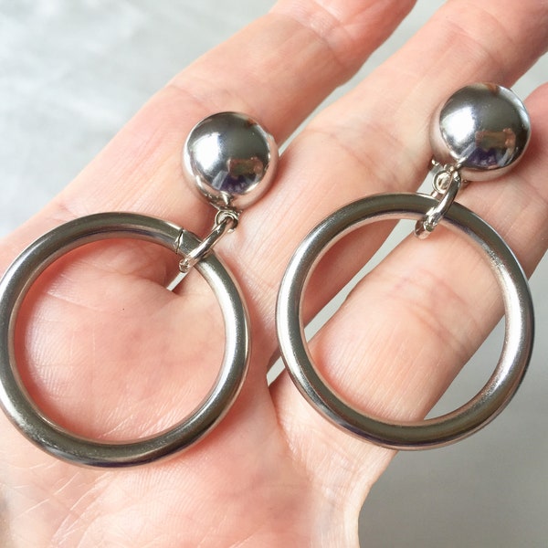 Vintage 80s Medium Size Silver Tube Hoops Clip On Earrings,Clip On Pipe Hoops,Modernist Tube Hoops,Statement Earrings