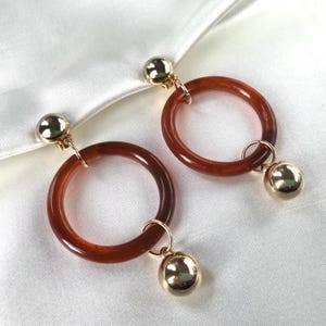 Vintage 80s Large Root Beer Lucite Tube Hoops with Gold Balls and Button Clip On Earrings,Statement Earrings,Haute Couture,Runway 2025,MOD