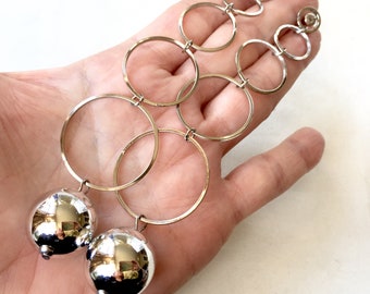 Vintage 70s Extra Long Silver Tone Balls and Hoops Stud Earrings,Silver Tone Ring Post with Dangles,Statement Earrings,MOD,Studio 54,Runway