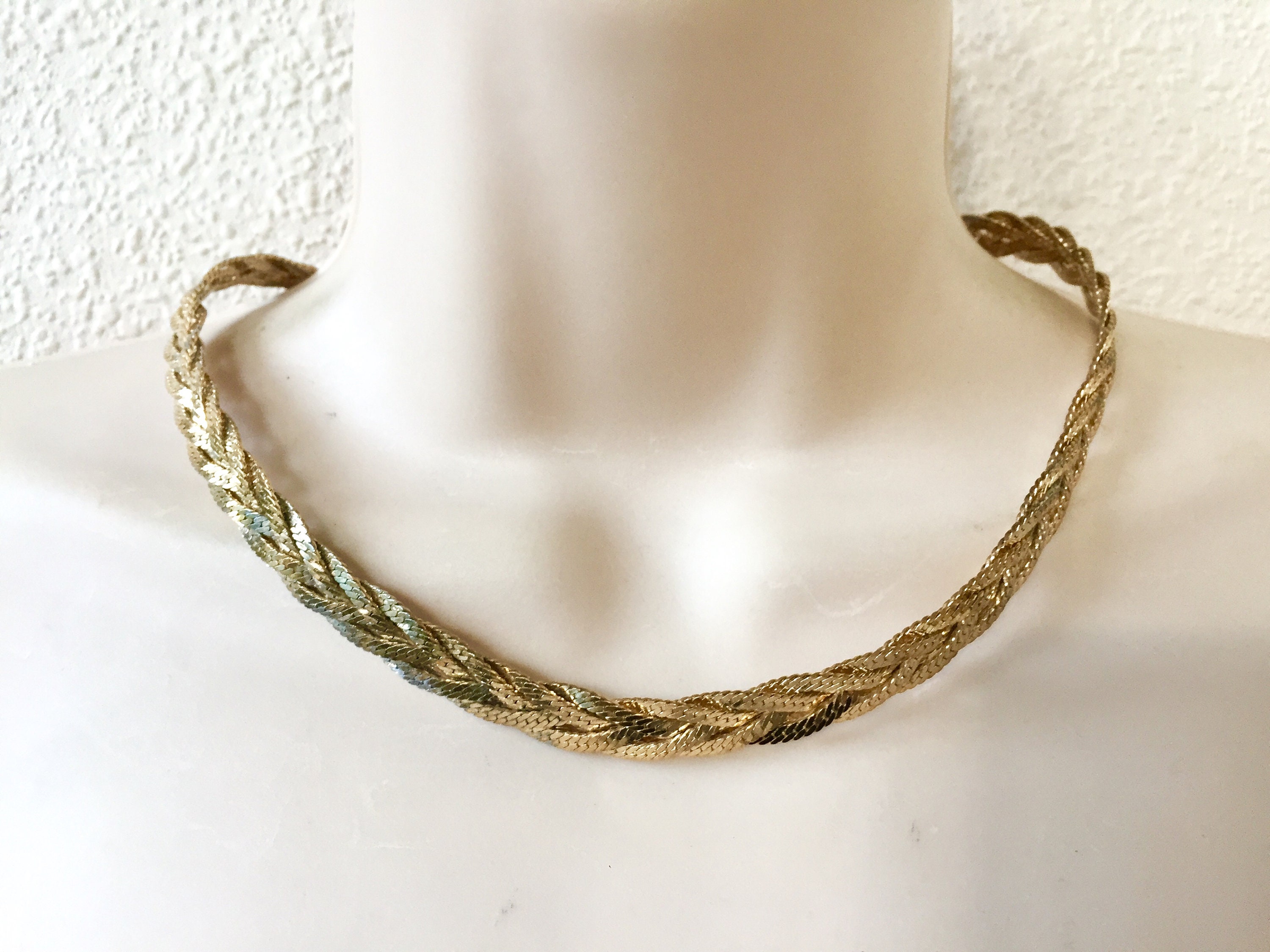 Collier Vintage Doré à Maille Serpent - Très Plate, Style Tresse, Années 80, Occasion
