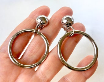 70s Large Platinum Silver Hoops Clip On Earrings,Clip On Pipe Hoops,Polished Tube Hoops,Statement Earrings,Clips with Hoop Dangles,NOS