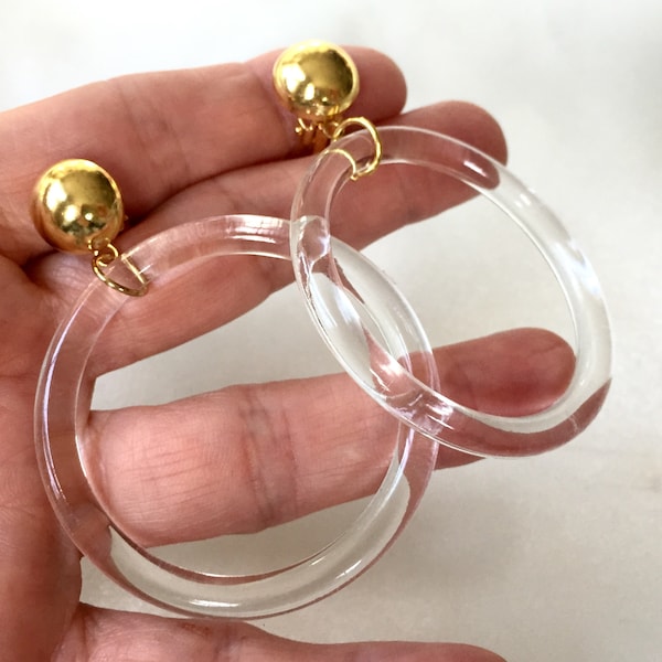 80s  Extra Large Clear Lucite Hoops and Gold Clip On Earrings,Transparent Lucite Tube Hoops Dangles,Statement Earrings,Runway,Studio 54,