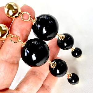 Vintage 80s  Long Three Black Lucite Tapered Bubbles and Gold Plated Half Ball Clip On Earrings,Statement Earrings,Haute Couture,Runway 2025