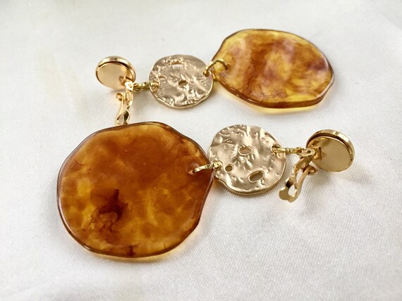 80s Brutalist Tortoise Shell Lucite Dangle Clip O… - image 10