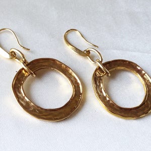Vintage 80 Antique Gold Modernist Sculptured Hoop Earrings,Statement Earrings,Brushed Gold Etruscan Hoops,Hoop Dangles,Cocktail Earrings,NOS