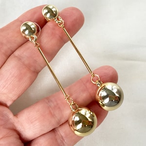 Vintage 70s Long Minimalist Gold Tone Bubbles with Bars and Half Ball Stud Earrings,Statement Earrings,Gold Button Posts with Dangles,Runway