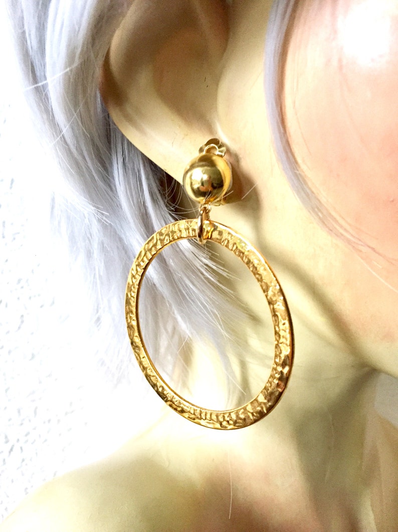 70s Brutalist Extra Large Hammered Gold Tone Hoops Clip on Earrings ...