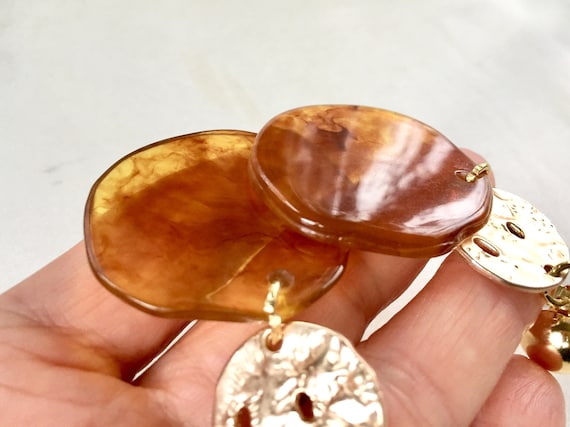 80s Brutalist Tortoise Shell Lucite Dangle Clip O… - image 8